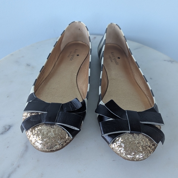 Kate Spade New York Trixie Gold Glitter Toe Black Striped Ballet Flat Shoes - Picture 10 of 13